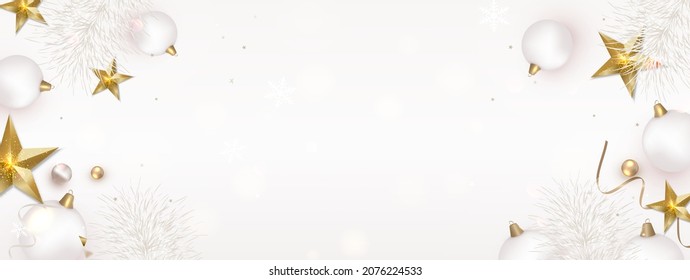 Flat lay design with christmas decoration, white balls, 3d golden stars. Top view vector composition. Layout.Template, poster, banner,cover, brochure