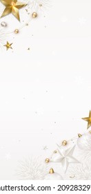 Flat lay design with christmas decoration, white balls, 3d golden stars. Top view vector composition. Layout.Vertical template, poster, banner,cover, brochure