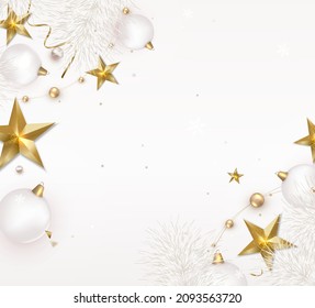 Flat lay design with christmas decoration, white balls, 3d golden stars. Top view composition. Layout.Template, poster, banner,cover, brochure