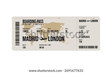 Flat lay design displaying a boarding pass with passenger, flight, date and seat details. Airplane flying from Madrid to London.