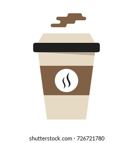 Flat lay design hot drink paper cup with heat icon and steam isolated on white background.