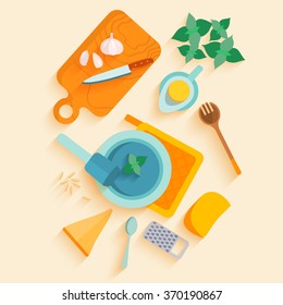 Flat lay design vertical banner of recipe Italian traditional cuisine of Pesto sauce recipe. It may be well used to illustrate a food blog, the restaurant's menu. Vector illustration. ant's menu.