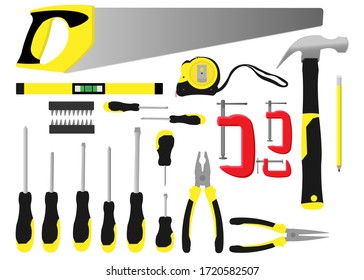 Flat lay display of a workman's black and yellow toolkit vector illustration