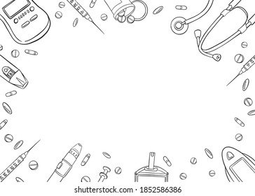 Flat Lay Doodle Template For Diabetes Concept. Black And White Vector Illustration, Top View