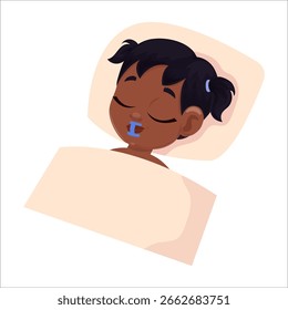 Flat lay drawing of child with tape on mouth in bed