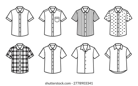 Flat lay of eight diverse button-up shirts each with unique collar styles and prints. Useful for fashion design mockups and apparel concept development.