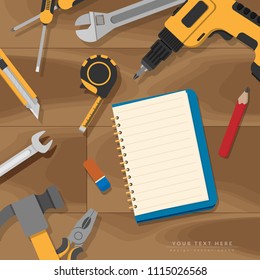 flat lay of empty blank book page for copy space with home tools set on rustic wooden background