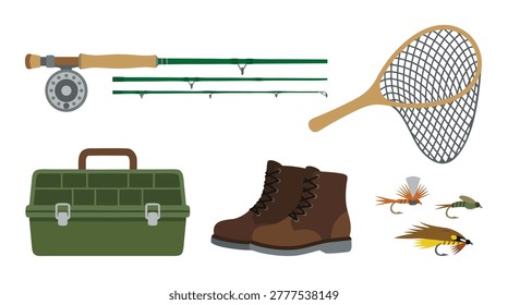 A flat lay of essential fishing equipment including a rod, reel, tackle box, boots, net, and lures.