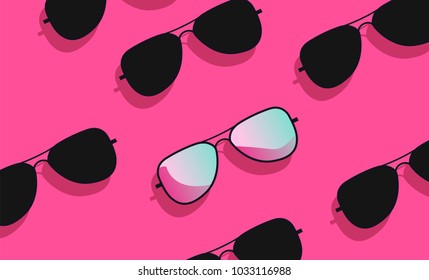 Flat lay fashion with black and pink sunglasses on acid pink background. Vaporwave style vector illustration, punchy pastels. 