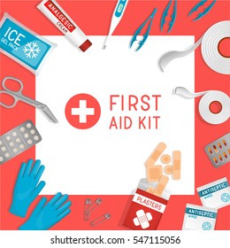 Flat lay First Aid Kit. Medical items - pills, gloves, tape, analgesic, antiseptic, tweezers etc. Medic clinic, hospital ad / print / web image. Medical equipment tools. Realistic vector illustration.