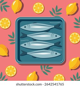 Flat lay fish tray with citrus and herbs. Mediterranean seafood vector with lemons. Sardines or mackerel in blue tray illustration. Seafood cooking vector with fresh fish and herbs