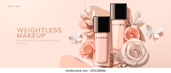 Flat Lay Foundation In Glass Bottle With Paper Roses And Butterfly, 3d Illustration Cosmetic Ads