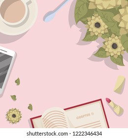 Flat lay with a frame of a bouquet of sunflowers, a cup of a hot beverage  and an open book with free space in the middle. Pink background. Flat cartoon style vector illustration.