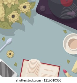 Flat lay with a frame of a gramophone, a bouquet of sunflowers, a cup of a hot beverage  and an open book with free space in the middle. Aquamarine background. Flat cartoon style vector illustration.