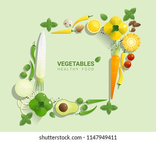 Flat lay Fresh vegetables on green background, healthy food concept, vector, illustration