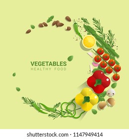 Flat lay Fresh vegetables on green background, healthy food concept, vector, illustration