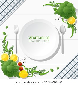 Flat lay Fresh vegetables on white table background , healthy food concept , vector , illustration