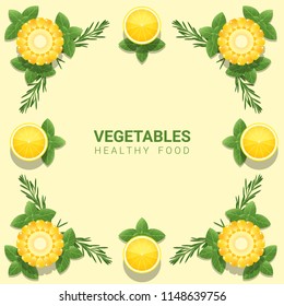 Flat lay Fresh vegetables on yellow background , healthy food concept , vector , illustration
