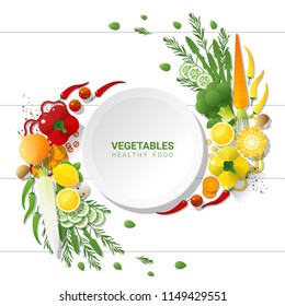 Flat lay Fresh vegetables on white table background , healthy food concept , vector , illustration