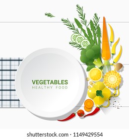 Flat lay Fresh vegetables on white table background , healthy food concept , vector , illustration