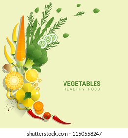 Flat lay Fresh vegetables on green background , healthy food concept , vector , illustration