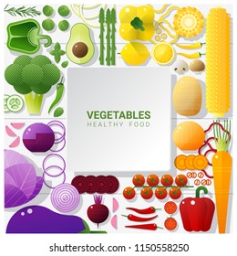 Flat lay Fresh vegetables on white table background , healthy food concept , vector , illustration