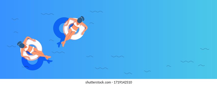 Flat lay of girls in swimsuits swim with circle in the sea or pool on a blue background with copy space. Vector illustration