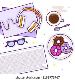 Flat lay with glasses, headphones, keyboard, donuts and coffee, mockup isolated on white top view. Vector illustration. Concept web cover or banner for blogger or online education