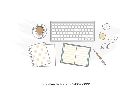 Flat lay with glasses, headphones, keyboard and coffee, mockup isolated on top view. Vector illustration. Concept web cover or banner for blogger or online education.
