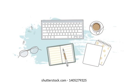 Flat lay with glasses, notebooks, keyboard and coffee, mockup isolated on top view. Vector illustration. Concept web cover or banner for blogger or online education.