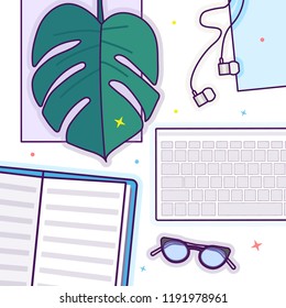 Flat lay with glasses, open book, glasses, headphones, keyboard and monstera leaf, mockup isolated on white top view. Vector illustration. Concept web cover or banner for blogger or online education