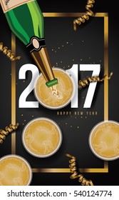 Flat lay golden New Year's design with pouring champagne, streamers and confetti. EPS 10 vector.