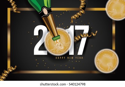 Flat lay golden New Year's design with pouring champagne, streamers and confetti. EPS 10 vector.