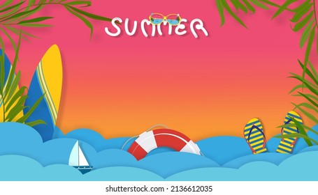Flat lay of green coconut palm branches over Pink background and paper cut  tropical beach with copy space.Top view backdrop with wide composition concept for Summer Vacation, Travel, fashion, Sale