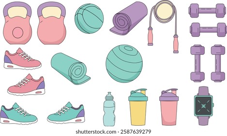 Flat lay of gym equipment including dumbbells kettlebells yoga mats skipping rope sneakers and water bottles for fitness enthusiasts