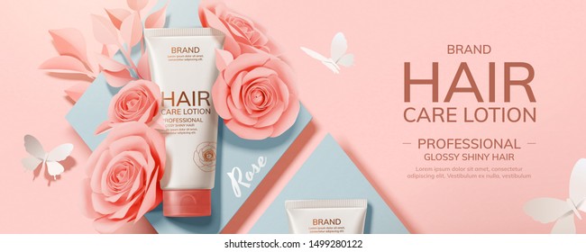 Flat lay hair care product with paper roses and butterfly decorations, 3d illustration cosmetic ads