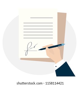 Flat lay hand with pen sing write on paper document. Warm brown and blue colors. Concept of business agreement, contracts and buying property or bitcoin payment application, signature