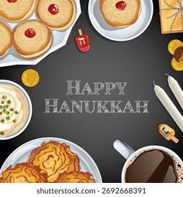Flat Lay Feliz Hanukkah Tradicional comida emoldurada modelo quadrado com Sufganiyah, Driedels, Moedas de geleia, Velas, Latkes, Sour Cream e café Ilustração