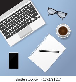 Flat lay Home office concept  mobile phone, laptop, notebook and coffee , vector illustration