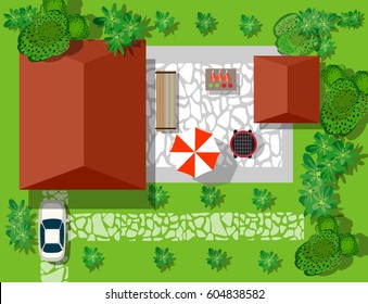 Flat lay of houses and streets with trees. Vector village and park view from top  graphic