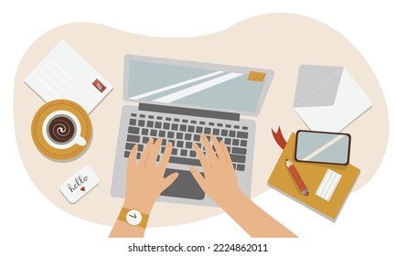 Flat lay with human hands working or studying on laptop, drinking coffee, writing letters. Isolated vector illustration in flat style