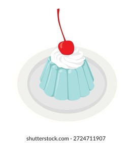 Ilustración plana de un postre azul con crema batida y una cereza en la parte superior, servido en un plato blanco sobre un fondo blanco limpio.