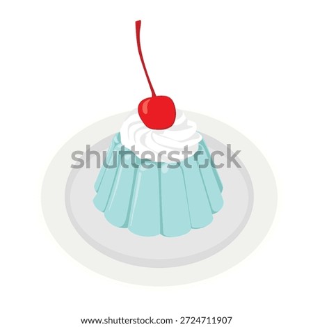 Flat lay illustration of a blue dessert with whipped cream and a cherry on top, served on a white plate against a clean white background.