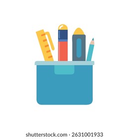 Flat lay illustration of a blue pencil box containing various stationery items against a White Background, simple design.