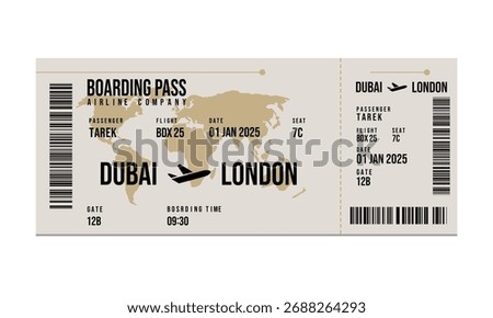 Flat lay illustration of boarding pass from Dubai to London with passenger name, Tarek, flight number BDX25, airplane, and barcode detail on white.