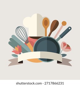 Ilustração plana de utensílios de cozinha e chef de cozinha com flores em fundo cinza