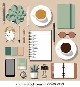 Ilustração plana de uma acolhedora mesa de planejamento com notebook, planejador, xícaras de café, papelaria e plantas em cores de tom de terra macia. Representa produtividade, gerenciamento de tempo, trabalho em casa, espaço de trabalho criativo e conceitos de planejamento diário.