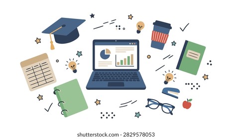 A flat lay illustration depicting online education, business analytics, and remote learning with a laptop, graduation cap, books, and office supplies.