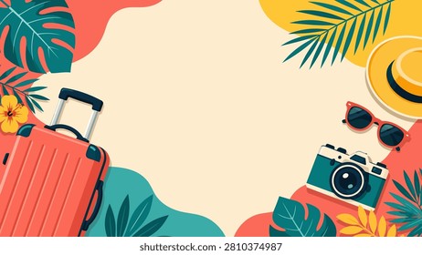 A flat lay illustration depicting summer travel essentials including a suitcase, camera, sunglasses, and a straw hat surrounded by tropical palm leaves.