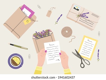 Flat lay illustration of envelopes, letters, postage stamps, stationery and white female hands holding mails. Workspace and table top view. Hand drawn vector illustration